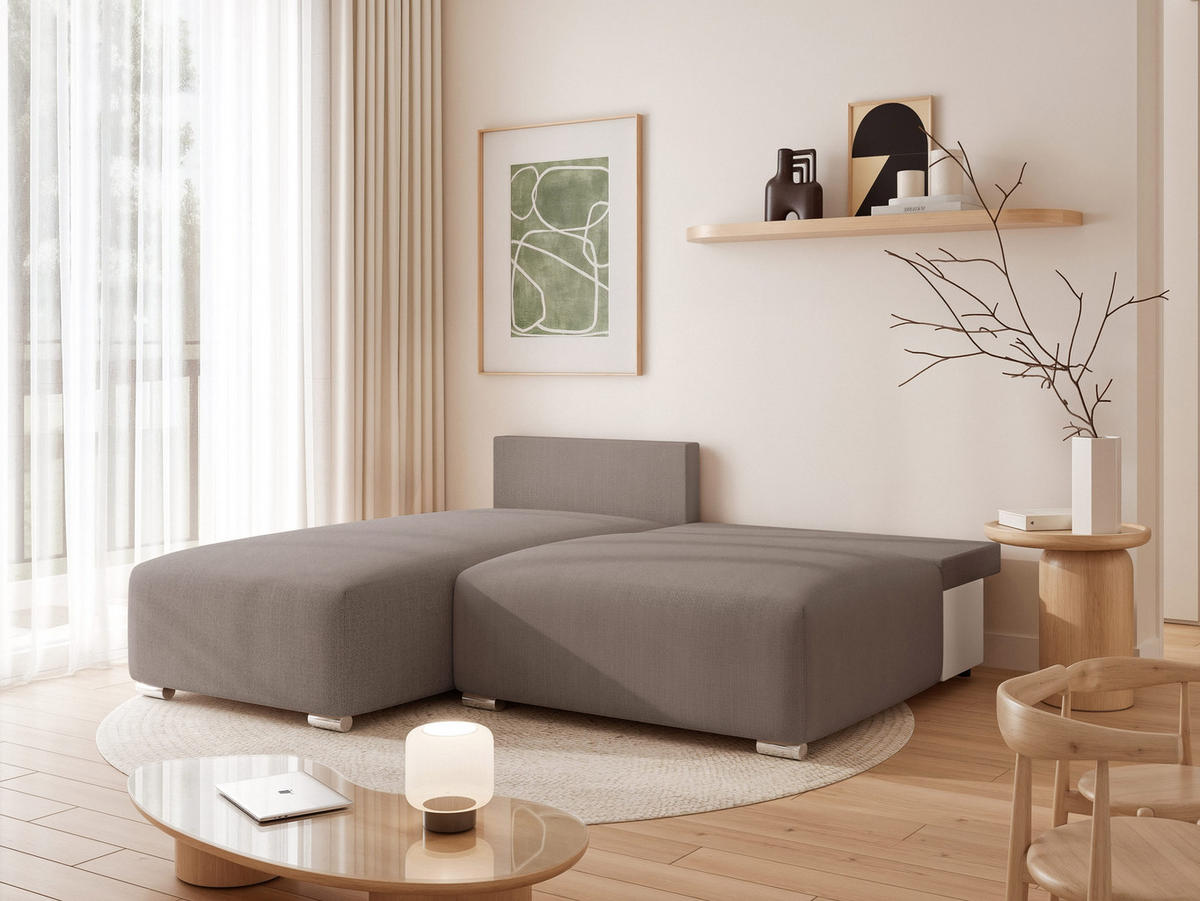 ECKSOFA ELVO mit Schlaffunktion und Bettkasten Dunkelbeige - Taupe, Holzwerkstoff/Kunststoff (208/190cm) - Idohome