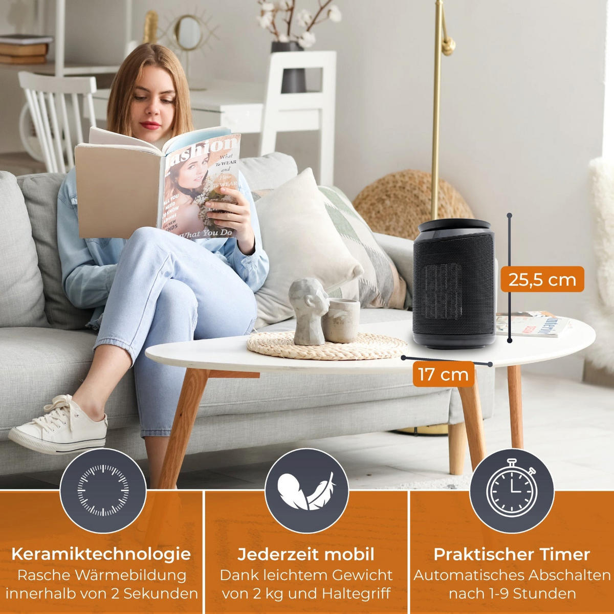 HEIZLÜFTER 2000 Watt Schwarz Keramik - Schwarz, Kunststoff (17/29.5/17cm) - KLAMER