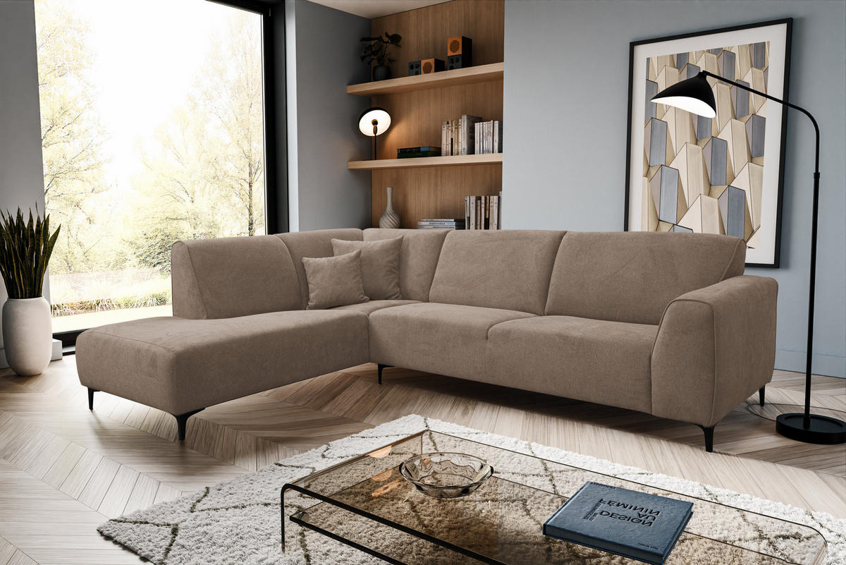 ECKSOFA Mula in L-Form, Coach Farbe: Braun, Velourstoff, Ottomane Links - Braun, Textil (210/274cm) - VENASI MÖBEL