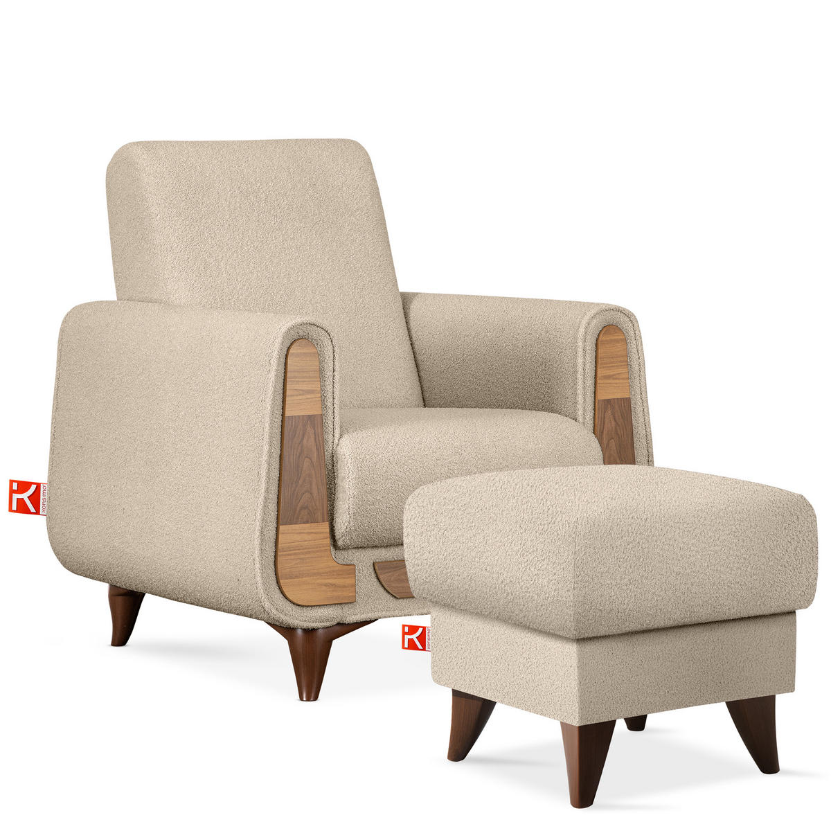 HOCKER GUSTAVO Fußstütze, Bouclé, Creme - Creme, Holz/Holzwerkstoff (53/49/53cm) - KONSIMO®