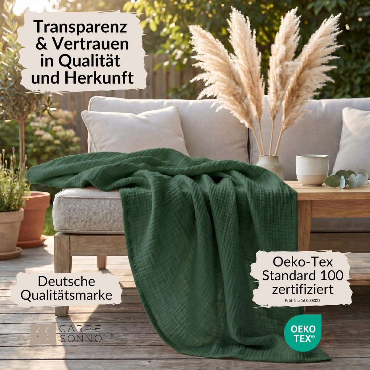WOHNDECKE Musselin 150 x 200 cm, Leichte Kuscheldecke aus 100% Baumwolle - Nutzbar als Tagesdecke, Plaid oder Decke für Sofa, Couch & Bett - Grün - Grün, Textil (150/200cm) - Carpe Sonno