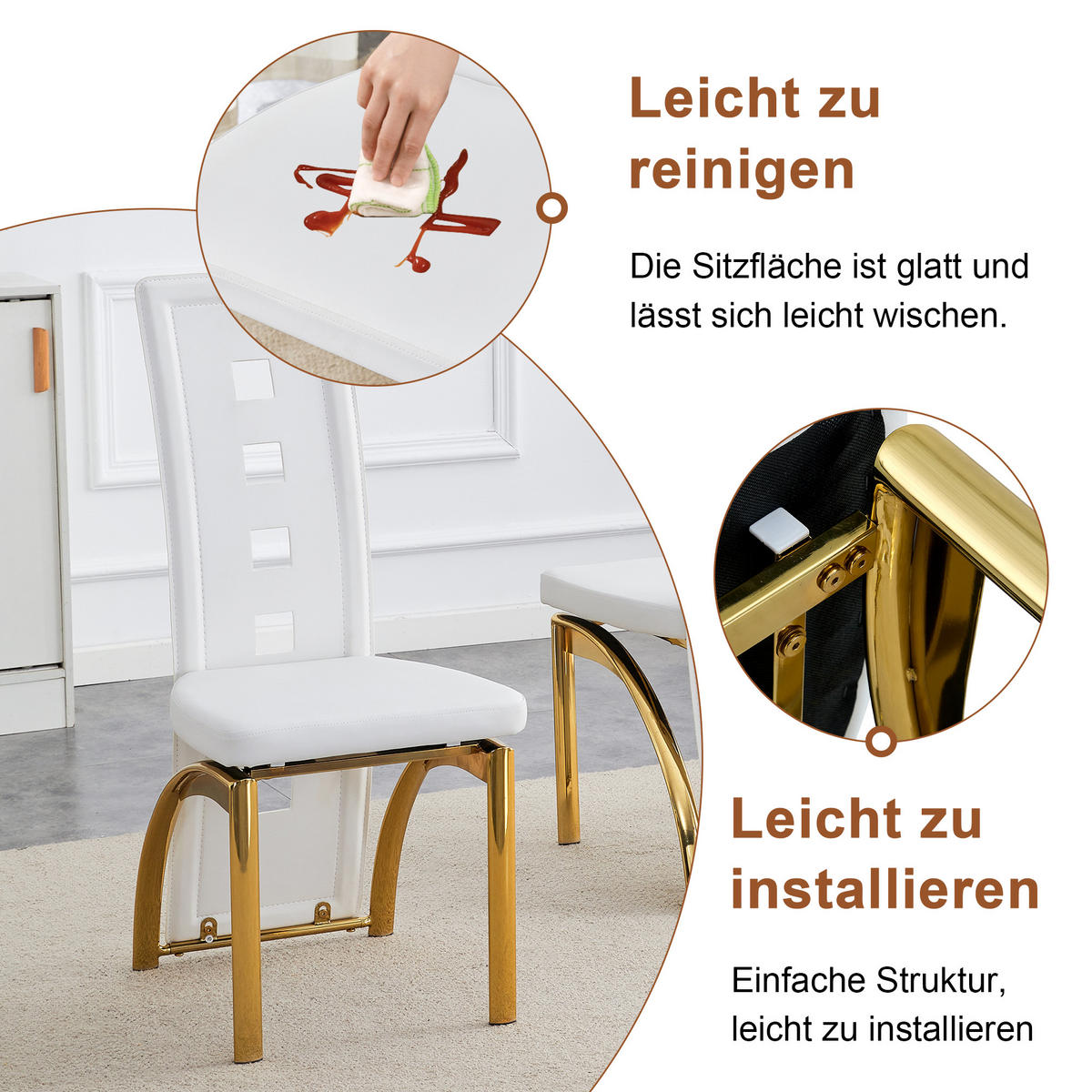 ESSGRUPPE DE-39452 3-teilig, Glastisch und 2 Stühlen mit Lochmuster Weiß/Gold - Goldfarben/Weiß, Metall (88/75/88cm) - ComfortXL