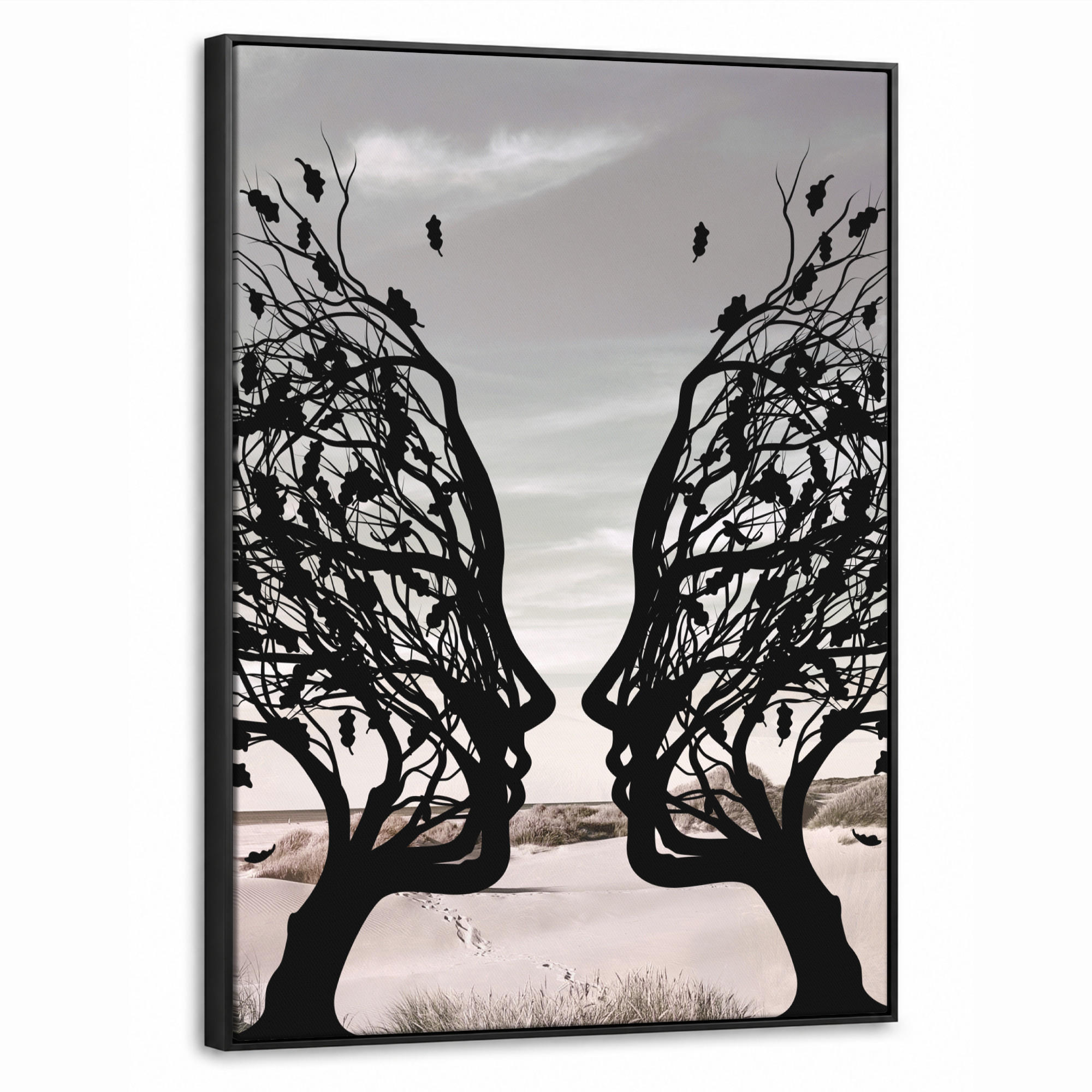 LEINWAND Bilder mit Rahmen - Strand - Meer - Menschen - Baum - Moderne Kunst - 50x70 - Hellgrau, Textil (50/70cm) - MuchoWow