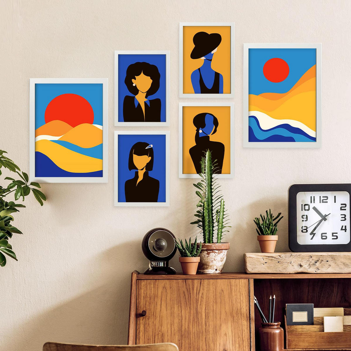 POSTER Set Mit 6 Wüstenjungen In Weibliche Zusammenfassung Ästhetische Dekorative Gemälde Für Ihr Wohnzimmer Zuhause A3 & A4 Weißer Rahmen - Weiß, Papier (29/3cm) - Nacnic