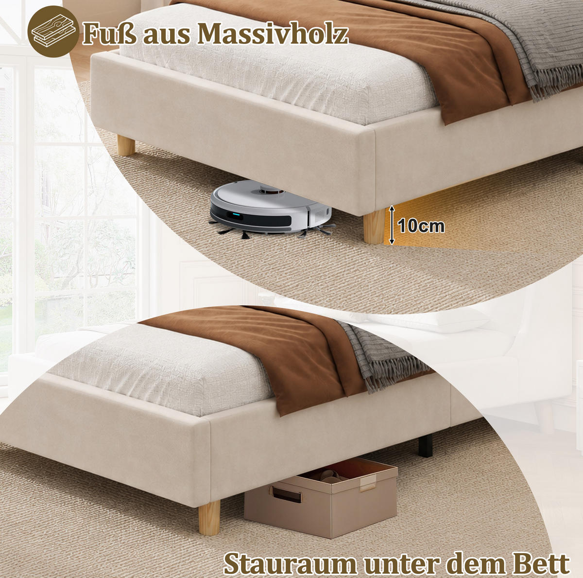 KINDER-POLSTERBETT 90x200 cm in Beige mit USB-/Type-C-Anschlüssen und Nachtlicht - Beige, Textil (90/200cm) - IVMEU