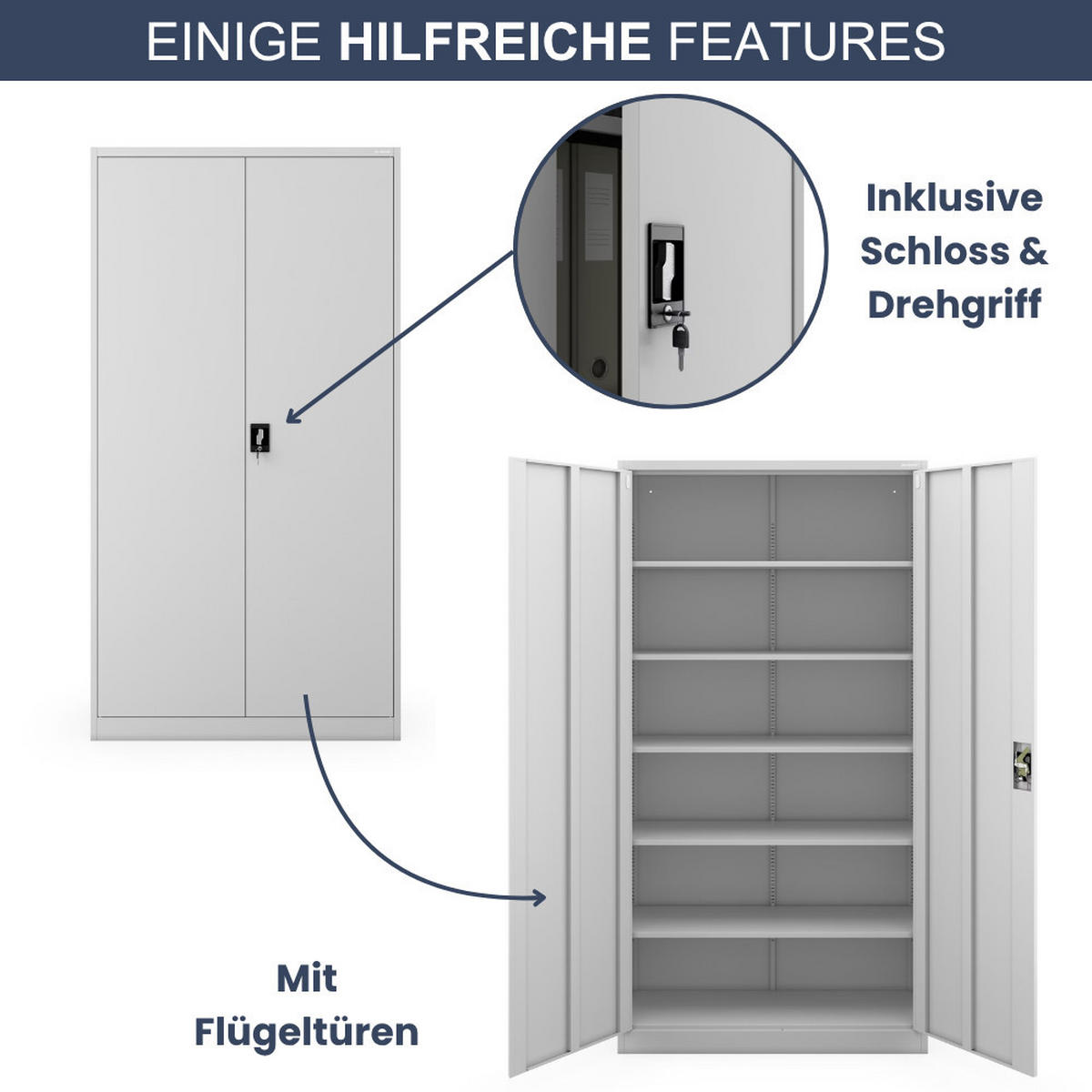 AKTENSCHRANK abschließbar KADO Flügeltüren 220x115x40cm Grau - Grau, Metall (115/220/40cm) - DELUKE