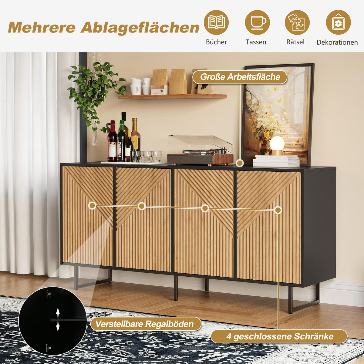 SIDEBOARD Holz Schwarz 4 Türen 160x40x75cm Vakuumform Stauraum - Naturfarben, Holzwerkstoff (40/75/160cm) - FLIEKS