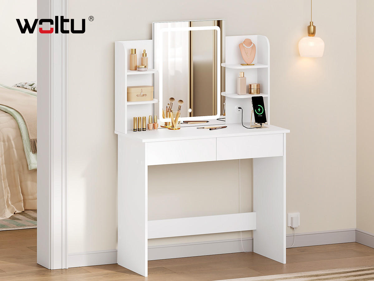 SCHMINKTISCH mit LED-Beleuchtung Spiegel Weiß - Weiß, Glas/Holzwerkstoff (90/135/40cm) - Woltu