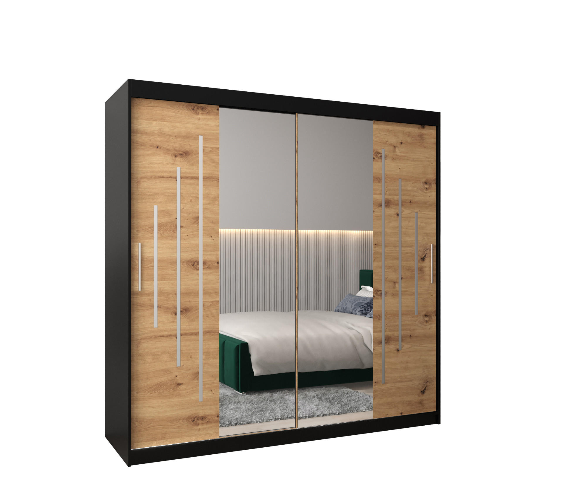 Abiks Möbel Schwebetürenschrank Schwarz, Eiche Artisan 200x200x62 cm