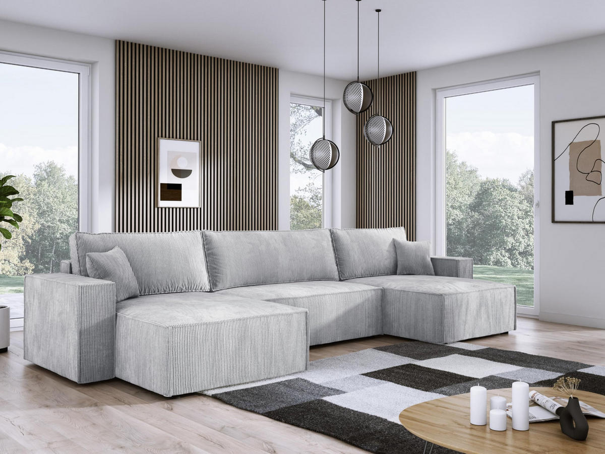 ECKSOFA Poso XXL U-förm, Schlaffunktion, weiche Kissen, Bettkasten, hochwertige Polsterung, lose Rückenkissen, freistehend, 377x143x83 cm Grey - Grau, Holz/Textil (377/83/143cm) - DomoHome
