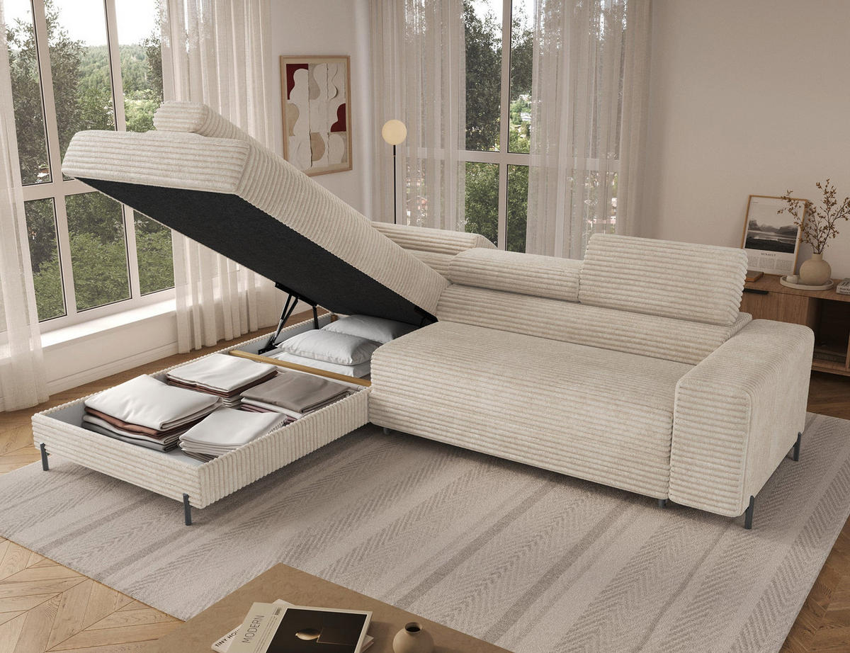 ECKSOFA COLESIO L-Form, Schlaffunktion, Bettkasten, verstellbare Kopfstützen, Wellenfederung, Metallfüße, breiter Cordstoff - Creme/Schwarz, Kunststoff/Metall (269/204cm) - Wohnideebilder