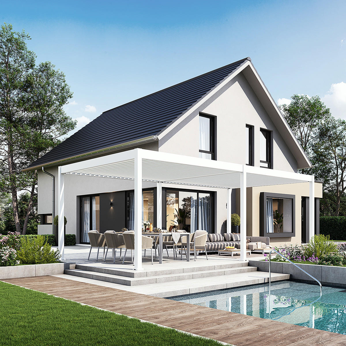 PERGOLA Deluxe Elektrisch Pavillon Terrassenüberdachung Aluminium LED 3,6 x 7,2 - Weiß, Metall (360/255/720cm) - WEIDE