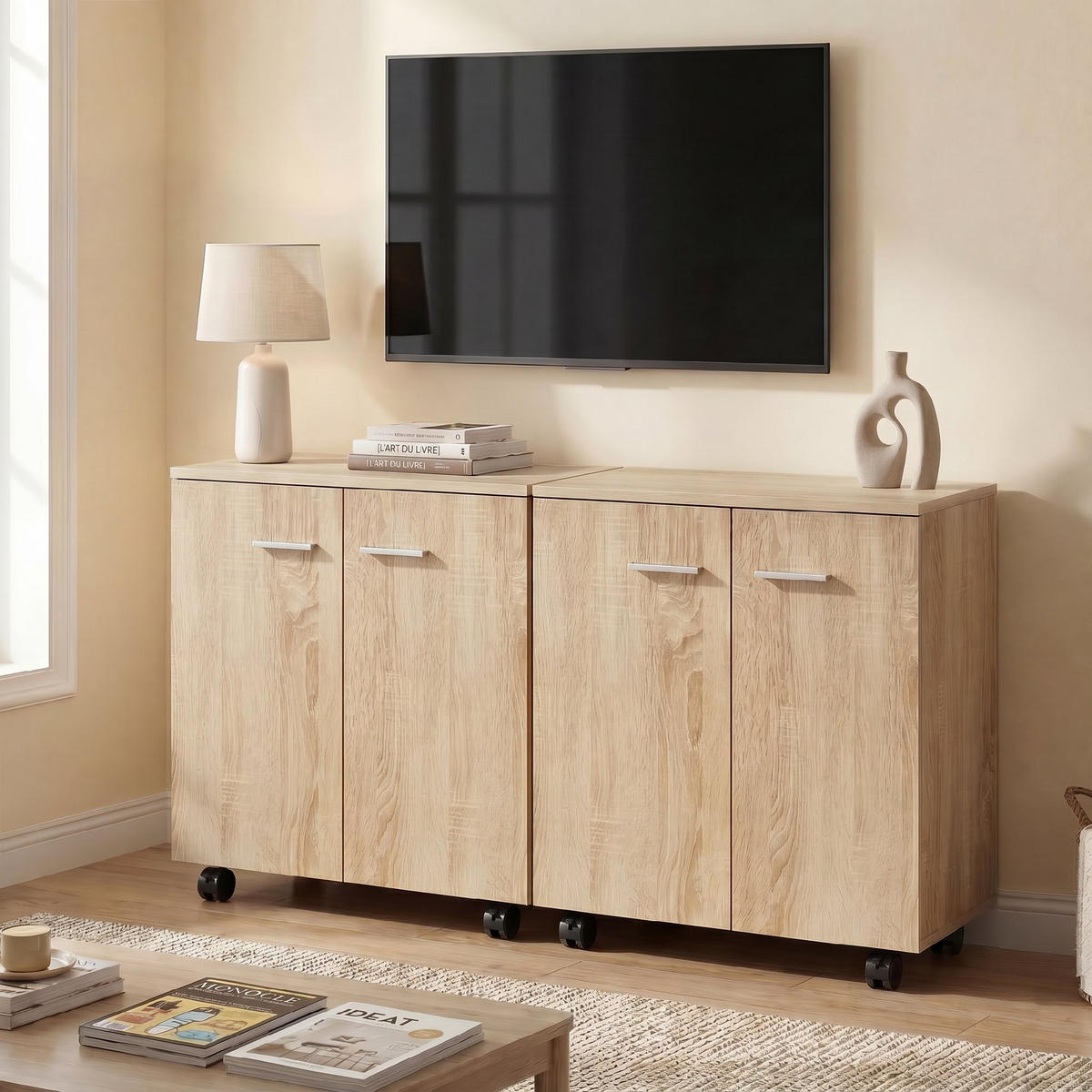 SIDEBOARD Naturfarben, 2 Türen, auf Rollen, 60/35/65 cm - Naturfarben, Holz (60/65/35cm) - PANGIVO