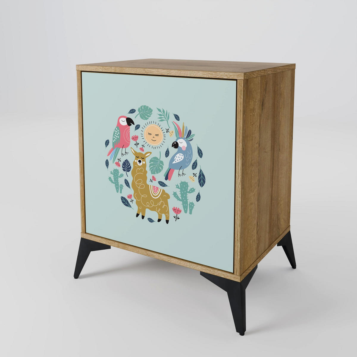SIDEBOARD COLORFUL ALPACAS, Eichefarben, 57,5x42x77,5 cm, Schräge Buchenholzfüße - Eichefarben/Buchefarben, Holzwerkstoff/Buchenholz (57.5/77.5/42cm) - SpaceRebels