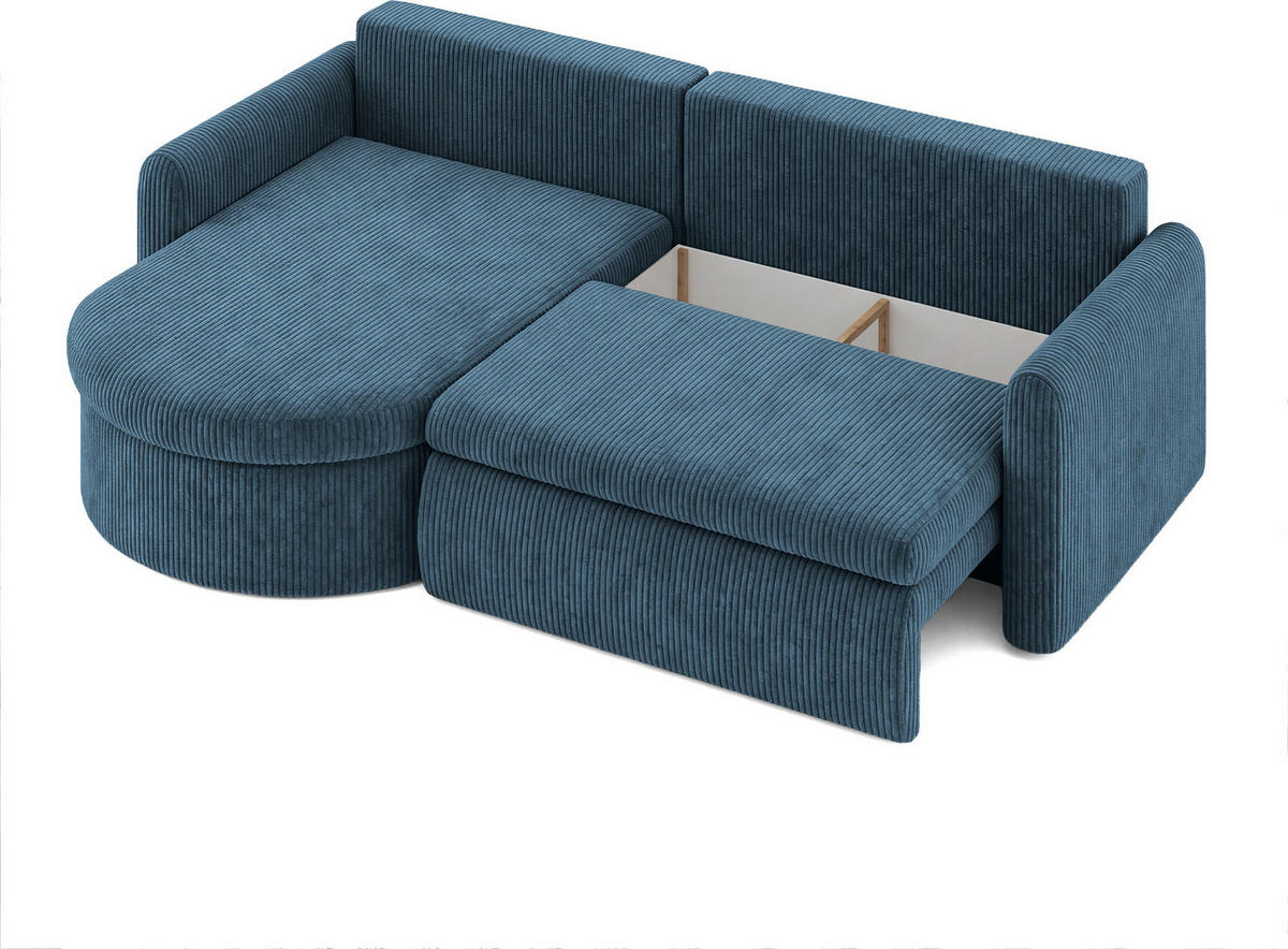 ECKSOFA Cora mit Schlaffunktion & Stauraum, Universell Rechts/Links, Blau Cord Chenille 260/82/160 cm - Blau/Schwarz, Kunststoff/Textil (250/160cm) - WFL GROUP