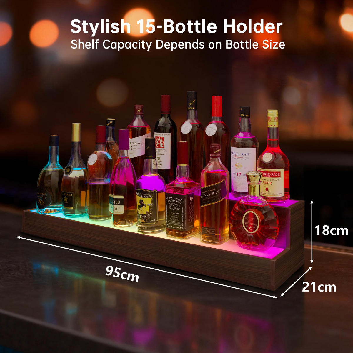 WEINREGAL 95/21/18 cm, Nussbaumfarben, Verbundholz, LED beleuchtet, App & Fernbedienung, 2-stufig, freistehend - Walnussfarben, Holzwerkstoff (95/18/21cm)