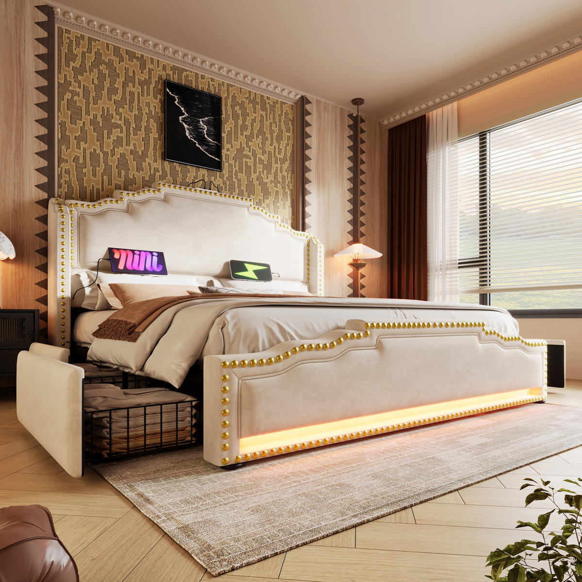 SAMT-POLSTERBETT 160/200 cm mit LED, 4 Schubladen, USB-C und Lattenrost - Beige, Textil (160/200cm) - BEAOK