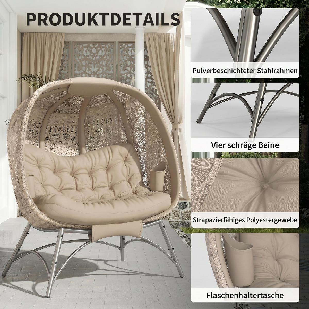 GARTENSTUHL, Stahl, Sand - Sandfarben, Metall (90/142/126cm) - Outsunny