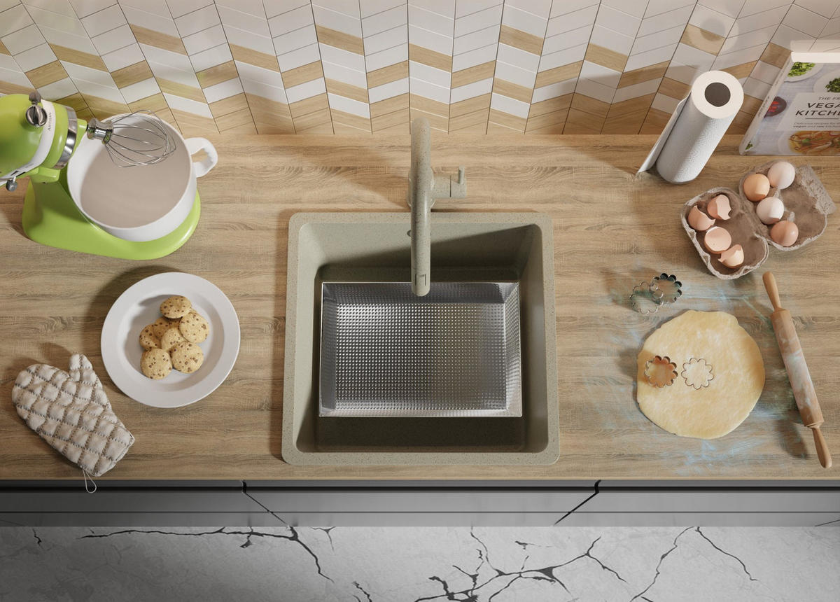 SPÜLBECKEN Venedig Slim Easy, 2-er set Beige 46/44 cm 1 Becken + Ablauf-Set ab 50er Unterschrank - Chromfarben/Beige, Kunststoff (46/20/44cm) - Primagran