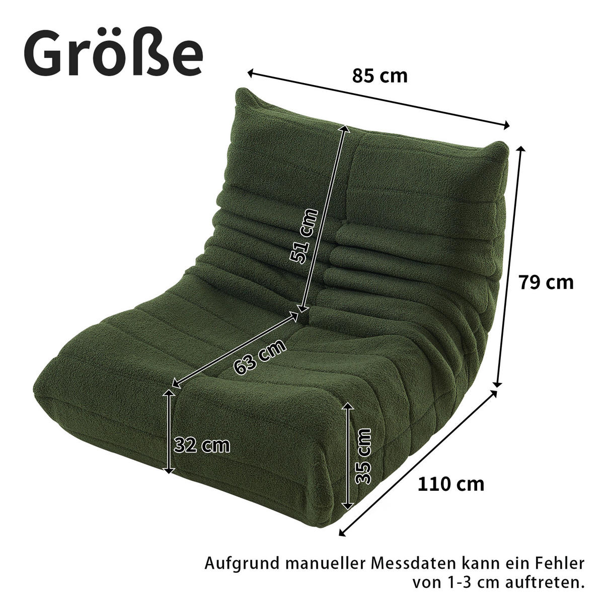 LIEGESESSEL 85/110/79 cm Grün Ergonomische Unterstützung für Schlafzimmer Wohnzimmer - Grün, Textil (110/79/85cm) - OKWISH