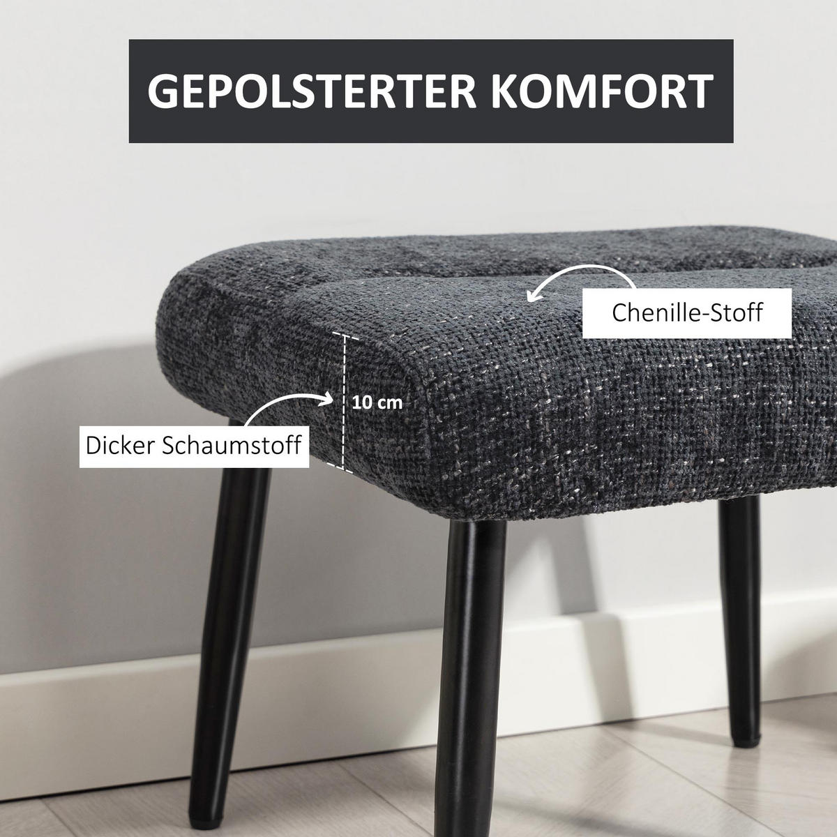 SITZHOCKER mit Stahlbeinen Fußhocker Chenille-Stoff - Dunkelgrau, Textil (41/38/45cm) - HOMCOM