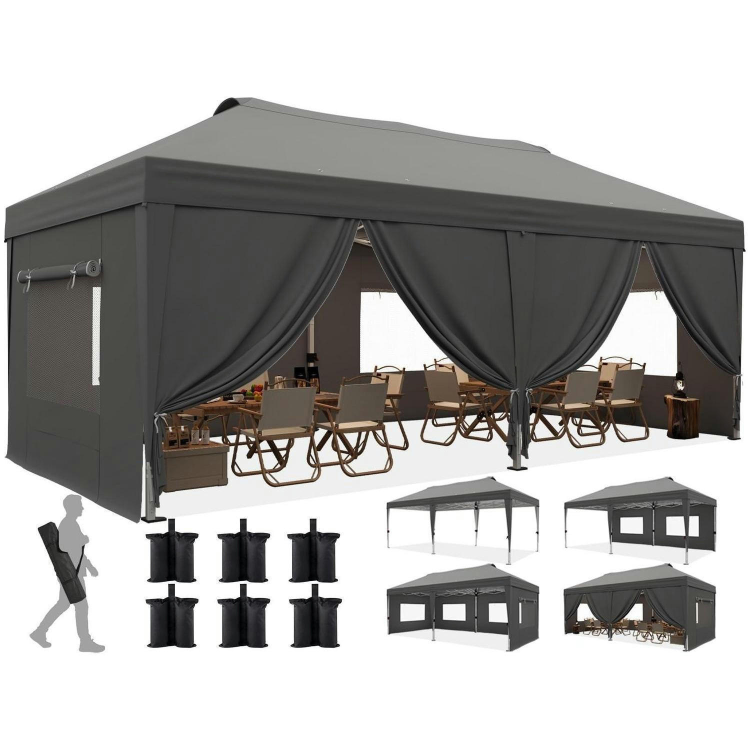FALTPAVILLON 3x6m mit Seitenwänden und Insektenschutz Grau - Grau, Textil (585/285/293cm)