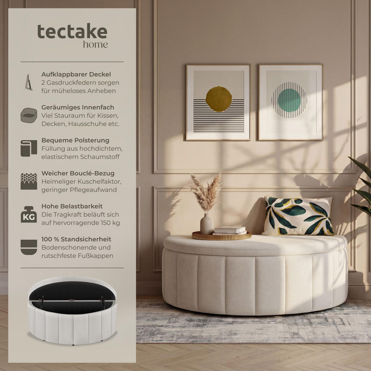 POLSTERBANK Moon mit großem Stauraum, Belastbarkeit 150 kg, 108 x 48 x 38,5 cm, Samtoptik taupe - Taupe, Holz (108/40/48cm) - tectake