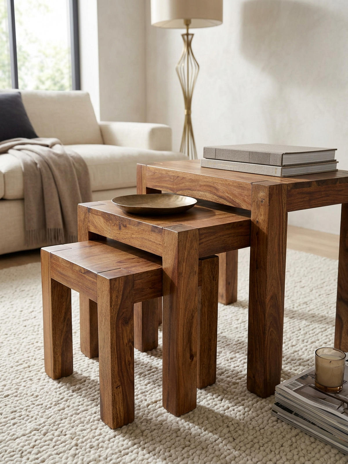 BEISTELLTISCH 3er Set Massivholz Platzsparend Landhausstil NAKO, Braun 50x36x45 cm - Braun, Holz (36/50/45cm) - KADIMA DESIGN