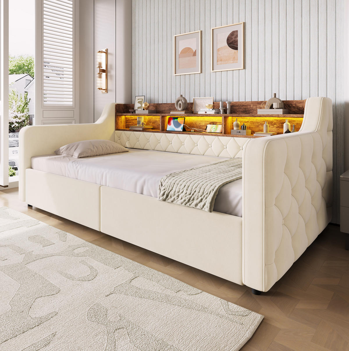 POLSTERBETT aus Velvet 90x190 cm Beige mit LED-Beleuchtung, Ladefunktion und 2 Schubladen - Beige, Textil (90/190cm) - Modfu