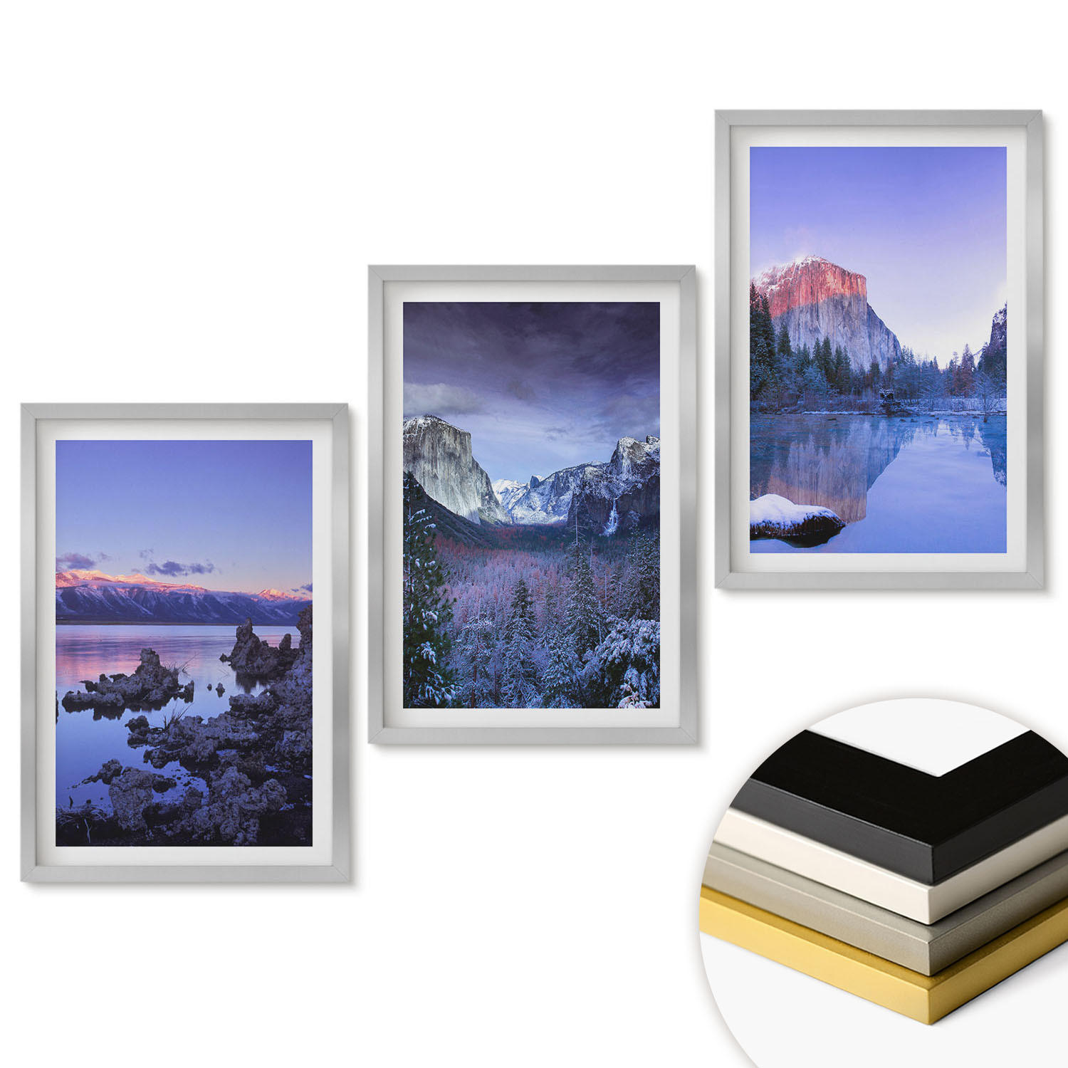 WANDBILDER 3er Set - 40x60 cm Silberner Rahmen - Berglandschaften, Sonnenuntergang, Wasser - Silberfarben, Kunststoff (40/60cm) - ArtPrintCave
