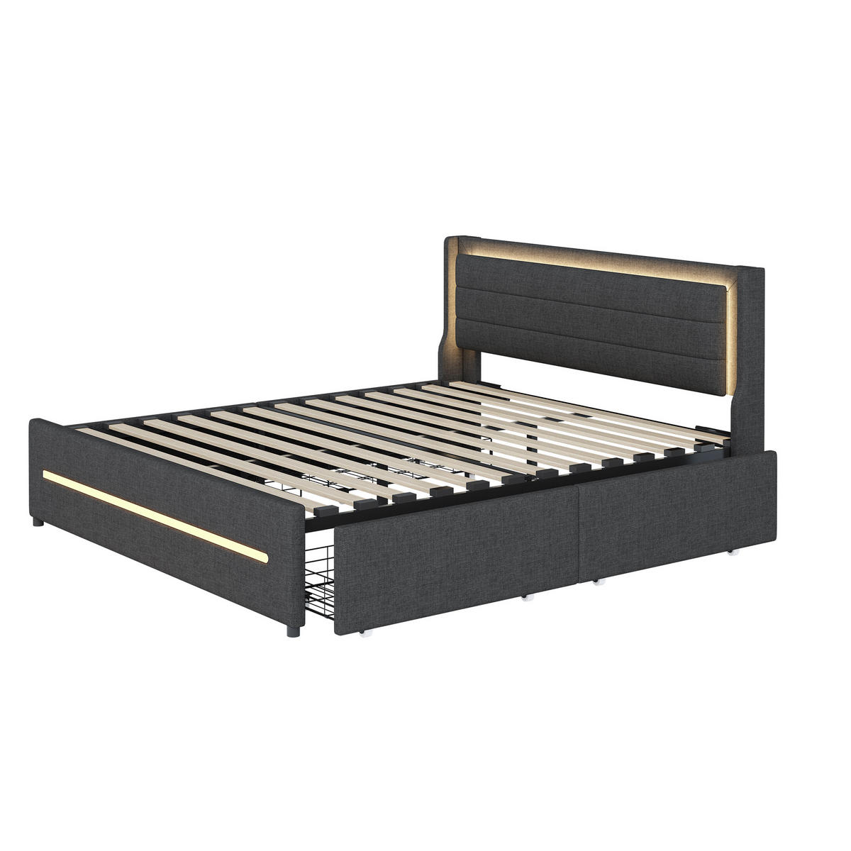 POLSTERBETT 160/200 cm DE-01937, in Grau, mit LED-Beleuchtung und 4 Schubladen - Grau, Metall (160/200cm) - ComfortXL