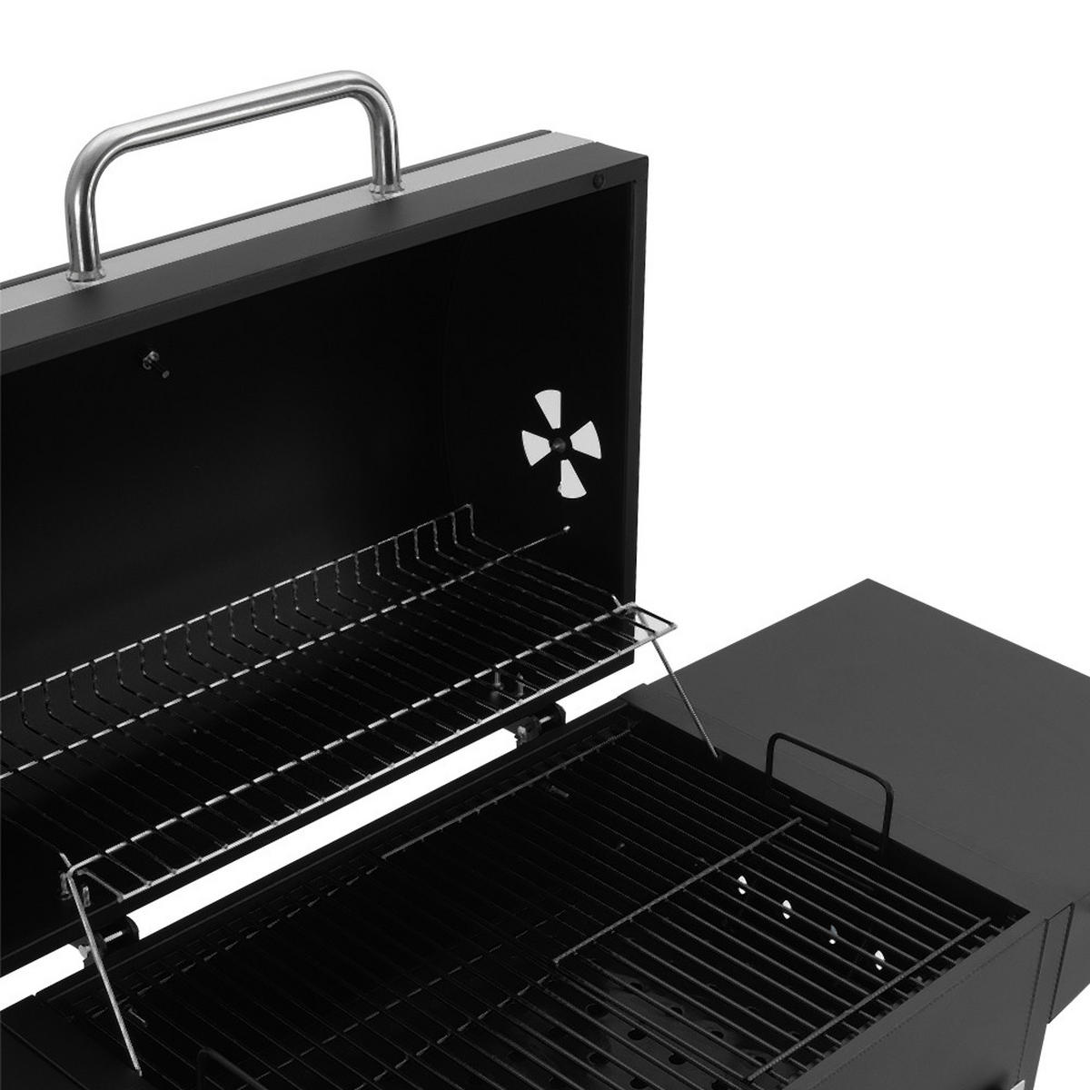 HOLZKOHLEGRILL aus Karbonstahl in Schwarz Tragbarer für den Außenbereich mit Seitenablagen 119 cm B × 50 cm T × 101 cm H - Schwarz, Metall (119/50cm) - Livingandhome