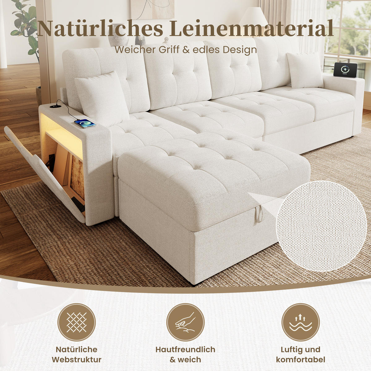 ECKSOFA 253/144.5/80.7 cm Beige mit Aufbewahrungshocker, LED Stimmungslicht und Stauraum - Beige, Textil (253/144.5cm) - Oxeza