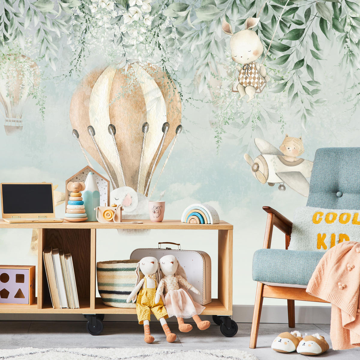 FOTOTAPETE für Kinderzimmer Tiere Wolken Ballons Giraffe Elefant 300x210 - Beige/Braun, Papier (300/210cm) - Muralo