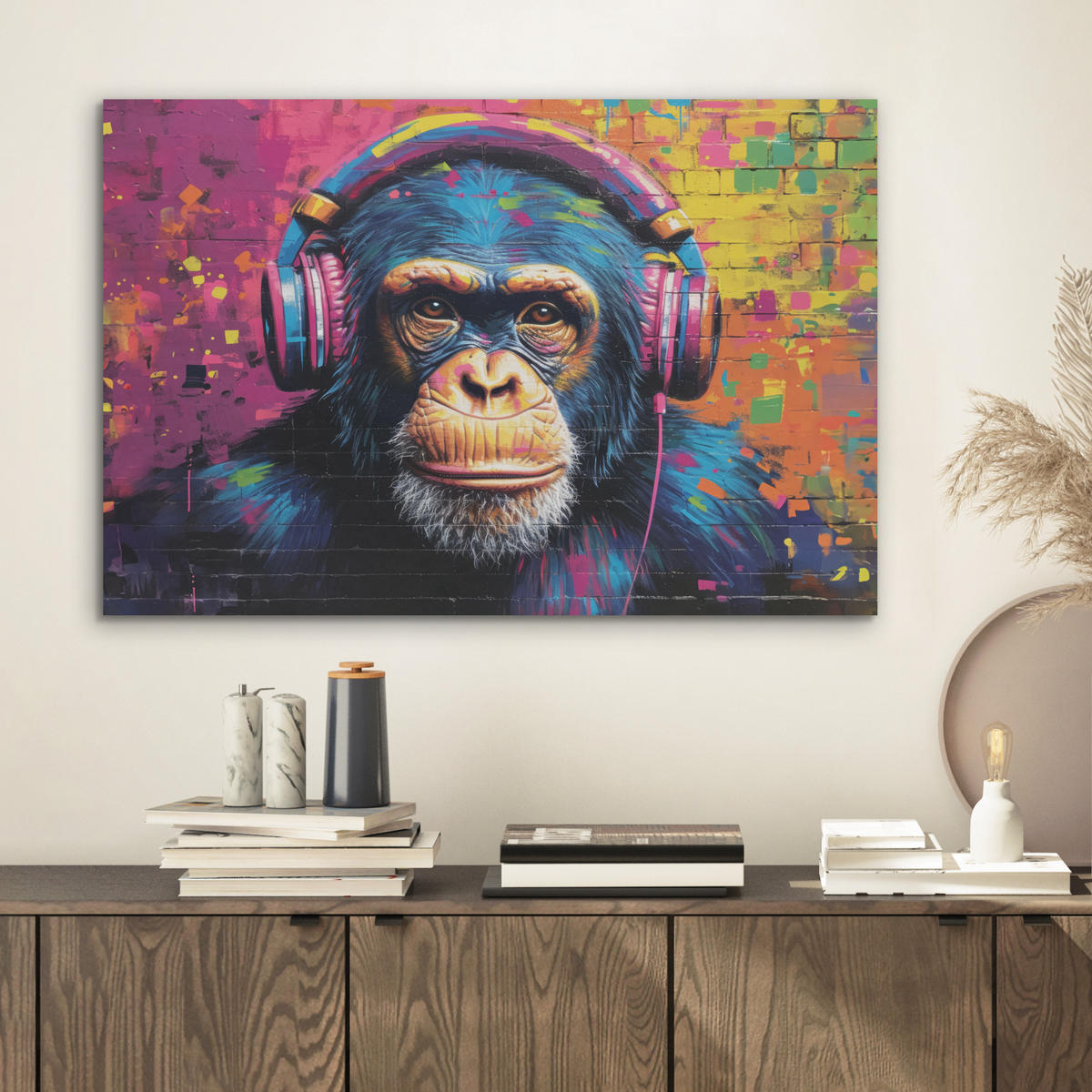 AKUSTIKBILD Graffiti - Schimpanse - Straßenkunst - Kopfhörer - Affe Wanddeko 70x50 cm - Blau, Kunststoff (70/50/0.9cm) - MuchoWow