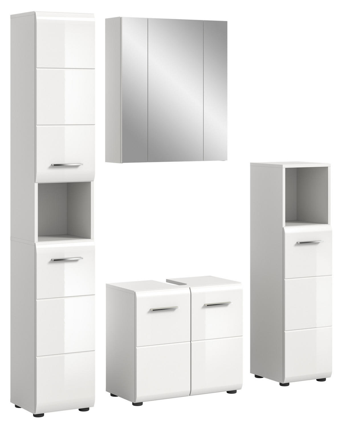 BADMÖBEL-SET weiß Hochglanz 4-teilig 150 cm, Komplettset mit viel Stauraum - Weiß Hochglanz/Silberfarben, Glas/Holzwerkstoff (150/185/30cm) - Inn.Furn