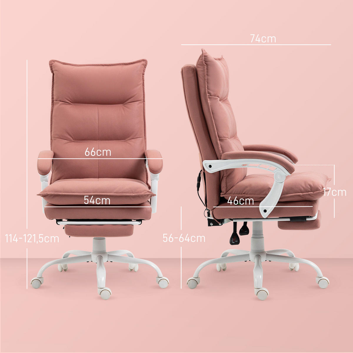 CHEFSESSEL DE-11736 MIT MASSAGE- & HEIZFUNKTION Rosa - Pink, Metall (66/121.5/74cm) - ComfortXL
