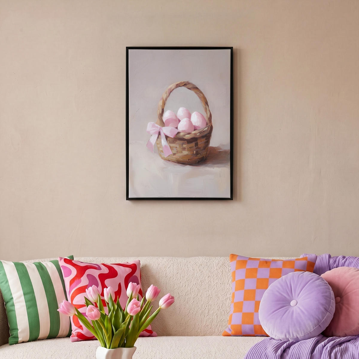 LEINWAND Bilder mit Rahmen - Korb - Eier - Rosa - 40x60 - Beige, Textil (40/60cm) - MuchoWow