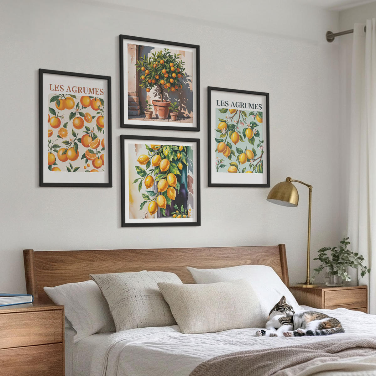 BILDER SET 4er Set - 50x50 cm & 40x60 cm Schwarzer Rahmen - Fruchtige Zitrusmuster - Schwarz, Kunststoff (50/50cm) - TULUP