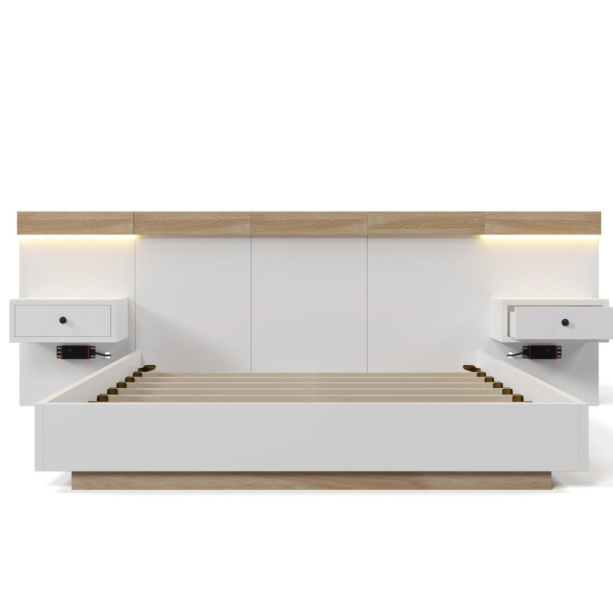 DOPPELBETT 180/200 cm mit 2 LED-Nachtkommoden, USB/Typ-C und EU-Steckdose, bett in Schwebeoptik, Weiß/Sonoma-Eiche - Weiß, Holzwerkstoff (180/200cm) - Redom