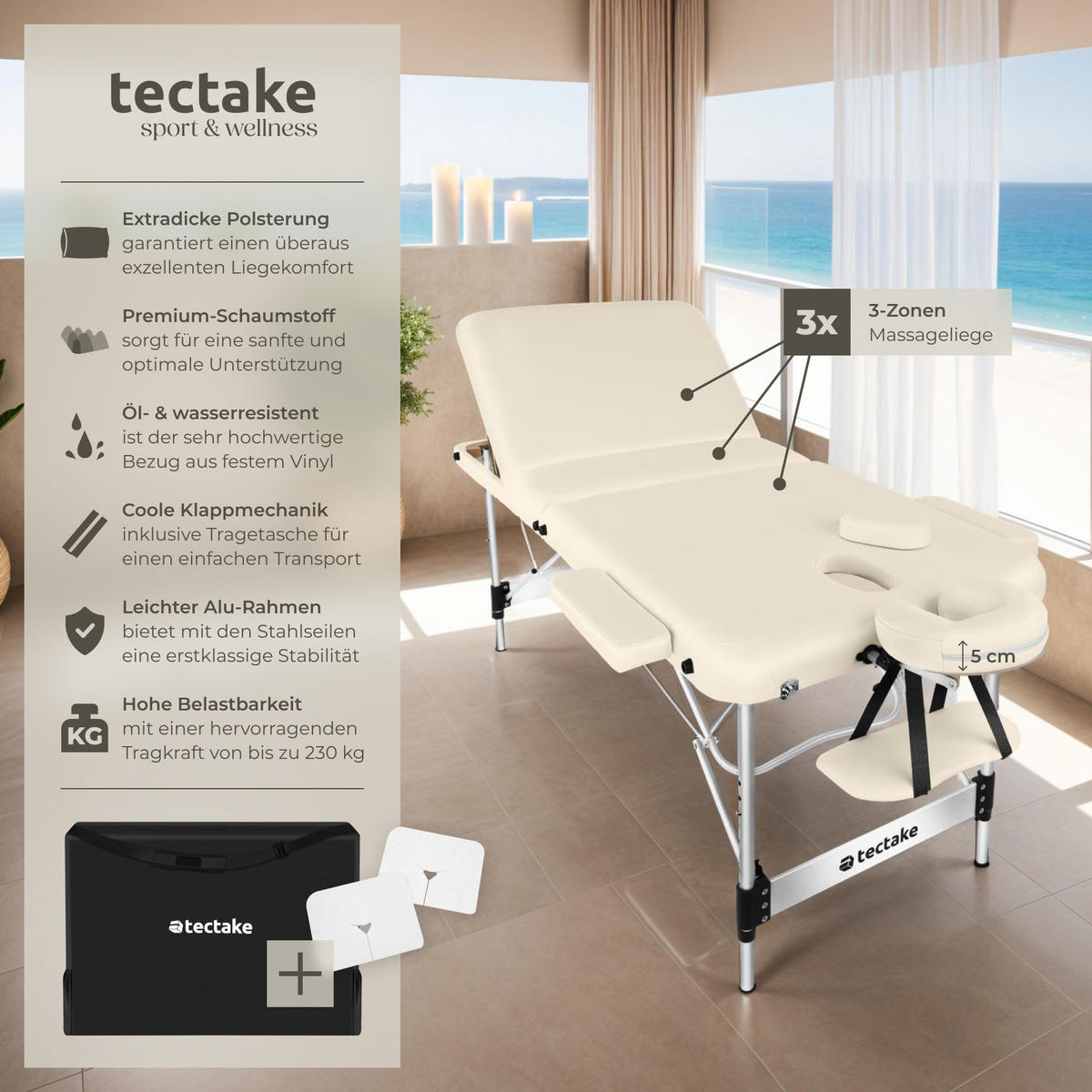 MASSAGELIEGE 3 Zonen Ko Tao,212 x 108 x 90 cm,beige - Beige, Metall (108/90/212cm) - tectake