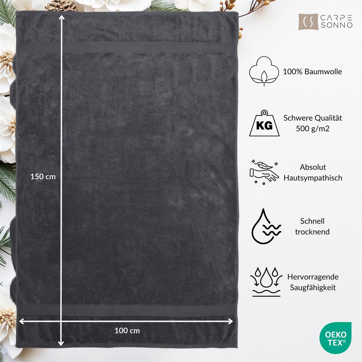 BADETUCH 100x150 cm Frottier Handtücher aus 100% Baumwolle, Weiß 500g/m2 - Weiß, Textil (100/150cm) - Carpe Sonno