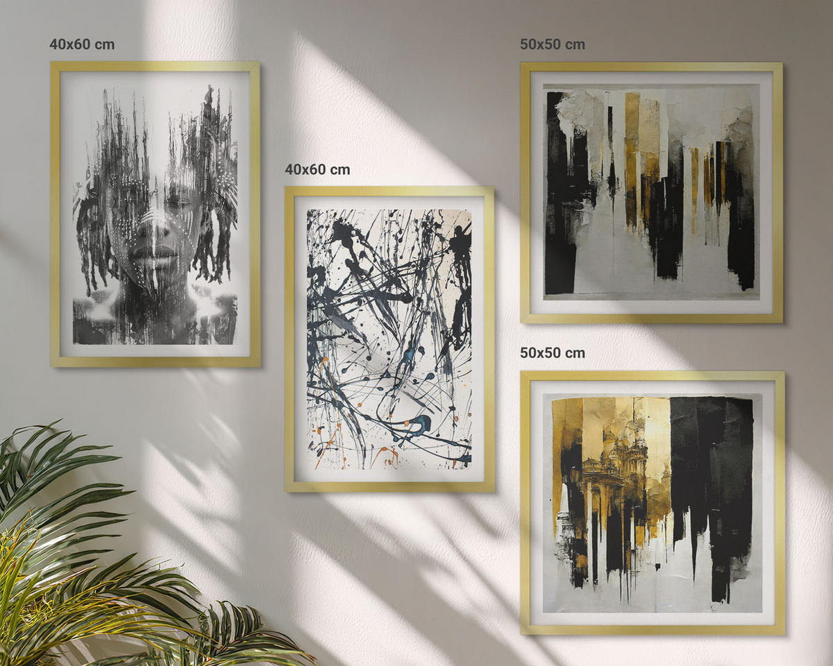 BILDER SET 4er Set - 50x50 cm & 40x60 cm Goldrahmen - Kontrastierende abstrakte Porträts - Goldfarben, Kunststoff (50/50cm) - TULUP
