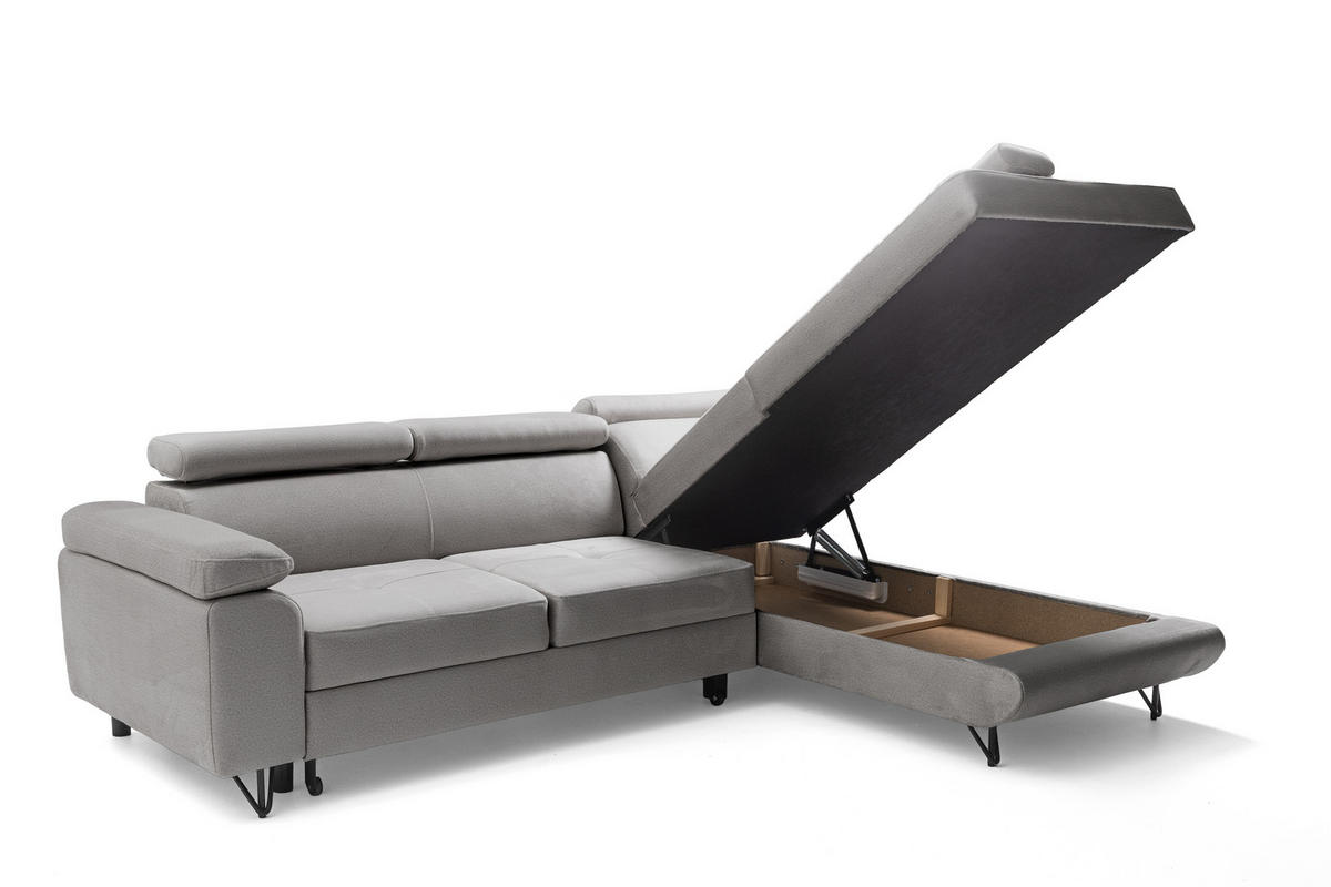 ECKSOFA JUNIOR L Rechts mit Schlaffunktion 194x128 Velours Hellgrau - Hellgrau/Schwarz, Holz/Textil (184/249cm) - Muffo