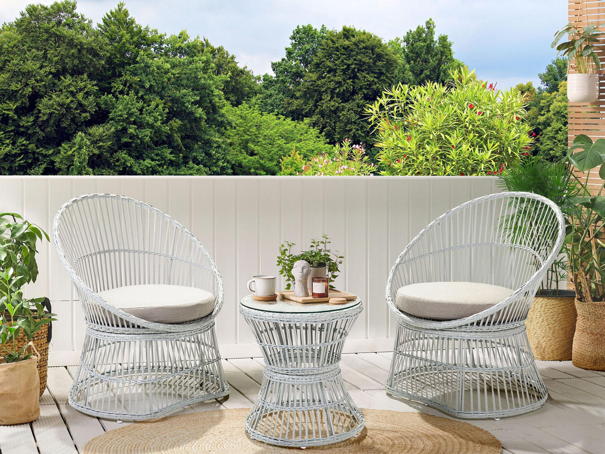 BALKONSET 2-Sitzer Rattan weiß Auflagen beige Mesyna - Beige/Weiß, Naturmaterialien/Textil - Beliani