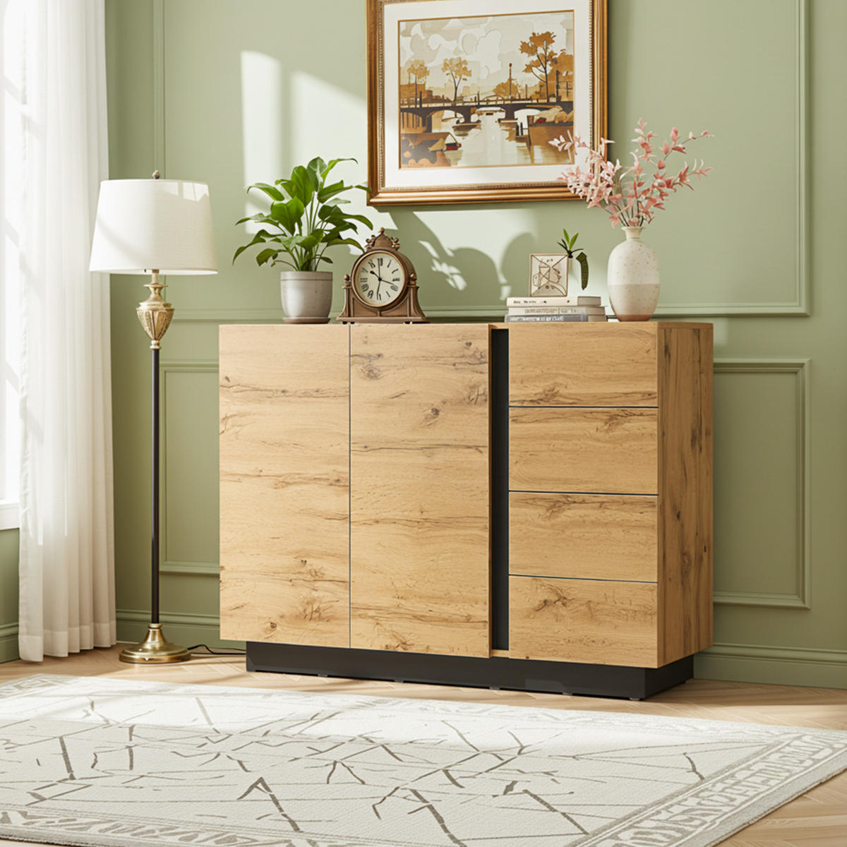 SIDEBOARD 120 cm přírodní dřevo a černá se 4 zásuvkami a 2 dvířky v moderním stylu - přírodní, kompozitní dřevo (120/90.5/35.5cm) - Urban Meuble