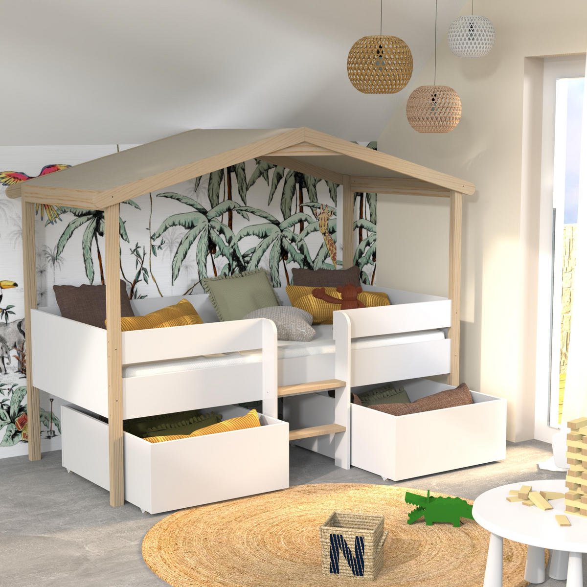 HAUSBETT PILOTI mit 2 Schubladen/ Kinderbett 90x200 - Weiß und naturfarben - Multicolor, Holz (90/200cm) - Weber Industries