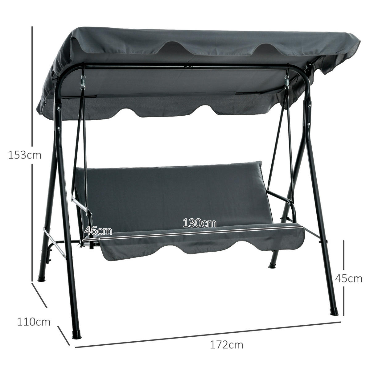 HOLLYWOODSCHAUKEL 172/110/153 cm mit neigbarem Sonnendach und gepolstertem 3-Sitzer, Grau - Grau, Textil (110/153/172cm) - Redom