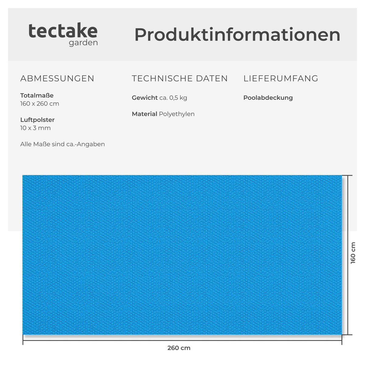 POOLABDECKUNG ,160 x 260 cm,blau - Blau, Textil (260/160cm) - tectake