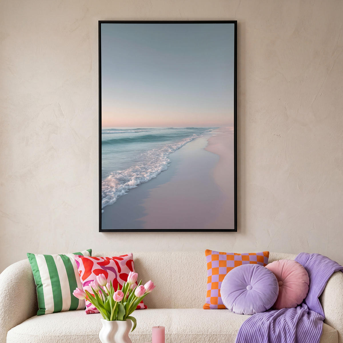 LEINWAND Bilder mit Rahmen - Küstenlinie - Pastell - Wasser - 100x150 - Pastellblau, Textil (100/150cm) - MuchoWow